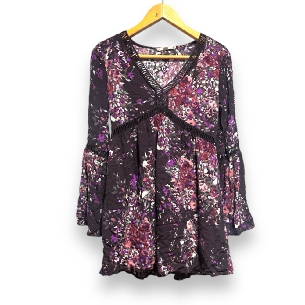 Lovestitch Dark Purple Floral Bell Sleeve Mini Dress Women’s Size Medium Boho